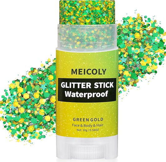 MEICOLY Gold and Green Face Glitter Stick,Hair Glitter Stick for Kids and Women,Green and Gold Spirit Wear Alien Makeup Accessories,Sparkle Body Glitter Makeup for Mardi Gras Carnival Festival Party