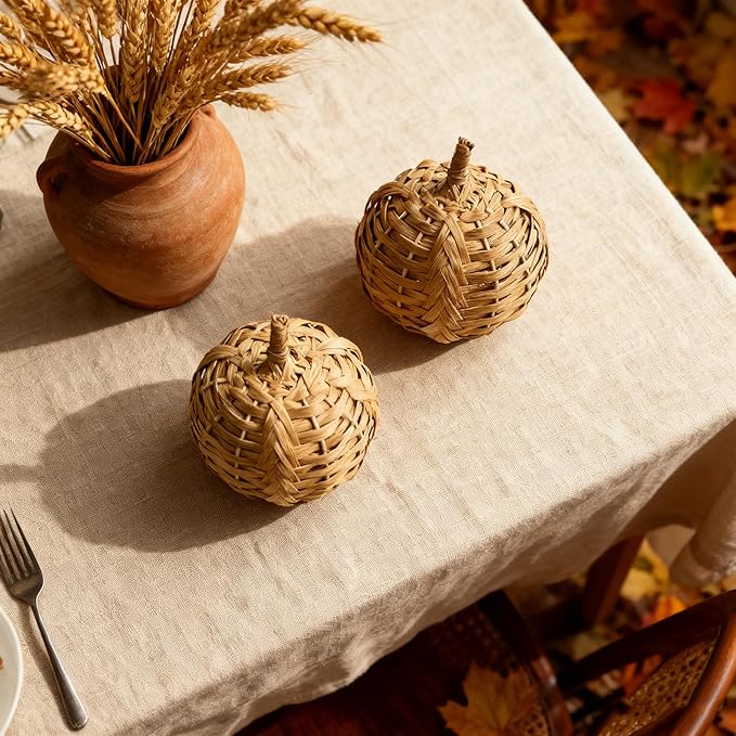 2Pcs of 5 Inch Bamboo-Woven Autumn Harvest Big Pumpkin Decor is Suitable for Thanksgiving & Halloween Fall Decorations. These Pumpkins are Perfect as Decorative Pumpkins for Table Decor