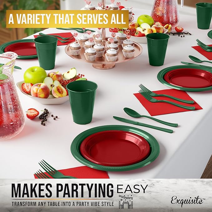 Party Solids 350 Pieces Red & Green Christmas Plastic Plates For Party, Christmas Disposable Plates Set, 50 Of Each 9" Dinner Plate Set, 7" Dessert Plate, Cups, Napkins & Cutlery Plastic Dinnerware