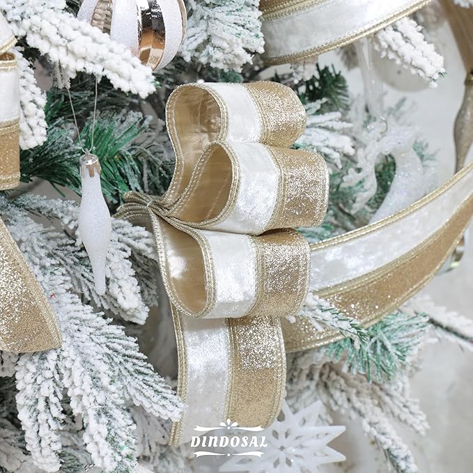 Ivory Velvet Wired Christmas Ribbon 2.5 Inch Ivory and Gold Glitter Holiday Ribbon – 10-Yards Roll for Tree Decorations, Gift Wrapping, Wreaths, and DIY Crafts