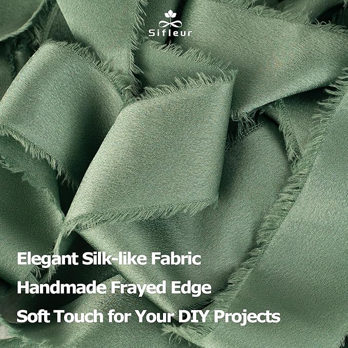 Satin Silk Ribbon, Sage Green Ribbon for Wrapping, 1-1/2 inch x 15 Yd Handmade Frayed Fringe Ribbons, for Wedding Engagement Birthday Showers Craft Flower Bouquet Invitation Decor, 3 Rolls