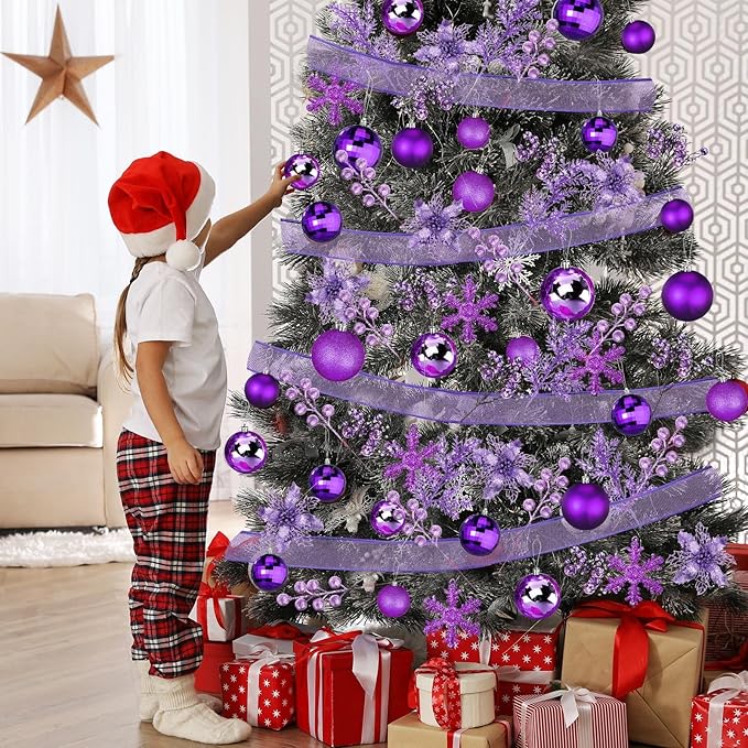 Sratte 94 Pcs Christmas Tree Decorations Set, Christmas Tree Ball Ornaments Glitter Poinsettia Flowers Decorations Glitter Berries Stems for Xmas Holiday Wedding(Purple)