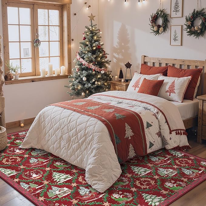 Christmas Area Rug 5x7 for Living Room, Washable Rug for Bedroom, Christmas Home Decor, Holiday Print Carpet, Low Pile Non Slip Mat with Rubber Backing, Crimson Christmas Tale Pattern