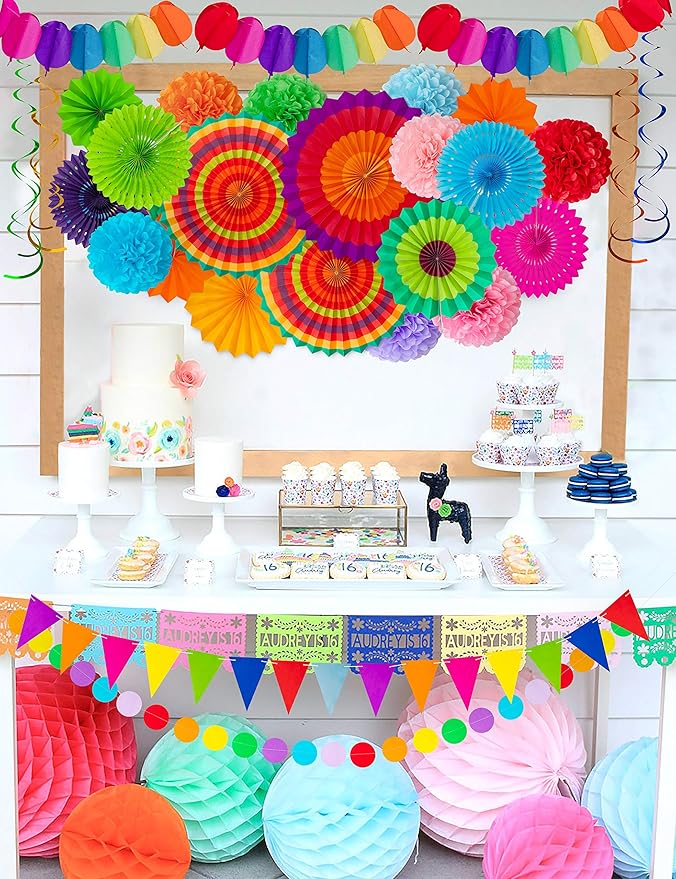 35PCS Fiesta Paper Fan Party Decorations Set - Cinco De Mayo Pom Poms,Pennant,Garland String,Banner,Hanging Swirls Hispanic Heritage Month Decor Supplies,Multicolored