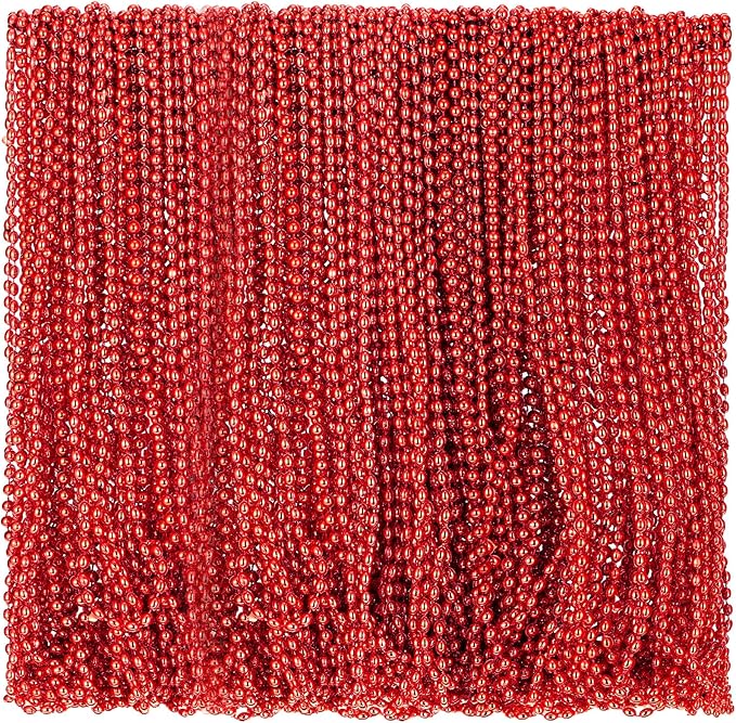 Riceshoot 200 Pcs Red Bead Necklace Bulk Mardi Gras Oval Beads Necklace Party Favors 33" 7mm Metallic Color Beaded Costume Necklaces for Halloween Christmas Festive Event Accessories