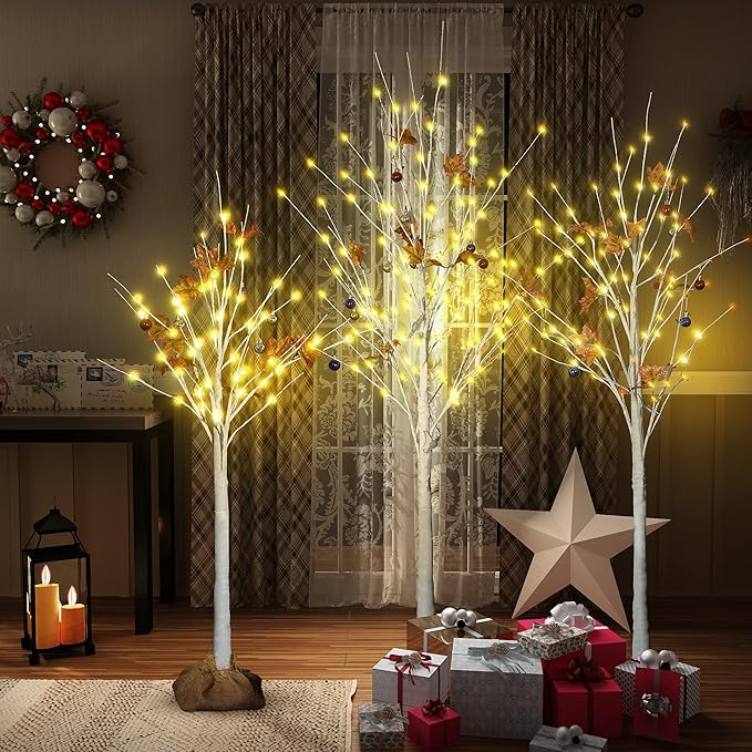 AWQM Lighted Birch Tree for Christmas Decor, Pack of 3 Prelit Christmas Tree 4ft 5ft 6ft, Warm White Christmas Tree for Indoor Christmas Decorations. (White)