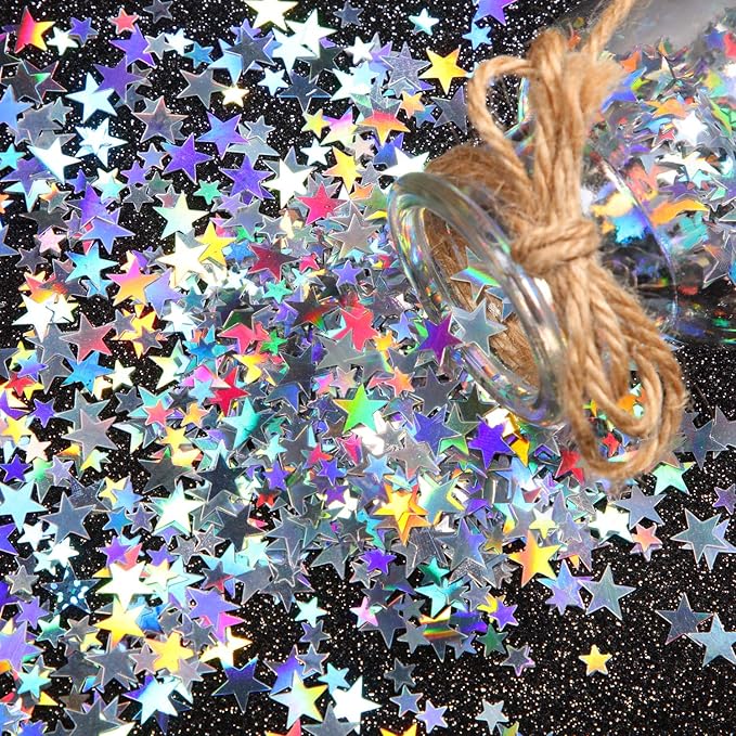 Hestya 60g Star Confetti Glitter Table Confetti Metallic Foil Stars for Christmas Party Wedding Festival Decorations(Holographic Silver,10mm and 6mm)