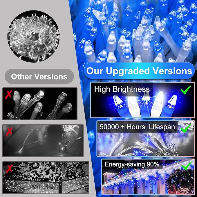 612 LED String lights Indoor Outdoor, 60ft Christmas Window Lights with 136 Drops 12 Modes, Dimmable Curtain Lights, Fairy Lights for Bedroom Holiday Wedding Party Home Decorations, Blue & White
