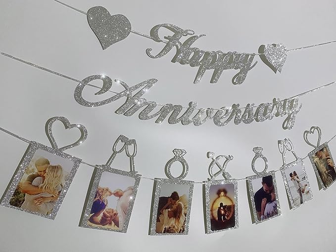 Happy Anniversary Party Decorations - Silver Anniversary Banner and Photo Banner for Wedding Party Decor