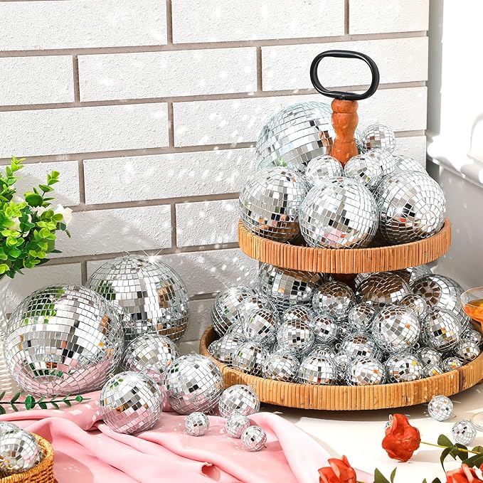 Hoolerry 200 Pcs Mini Mirror Disco Ball Ornaments Mardi Gras Small Silver Hanging Decorations Reflective Tiny Balls Bulk for 70s 80s 90s Disco Party, Christmas Tree(8'', 6'', 4'', 3'', 2,'' 1'')