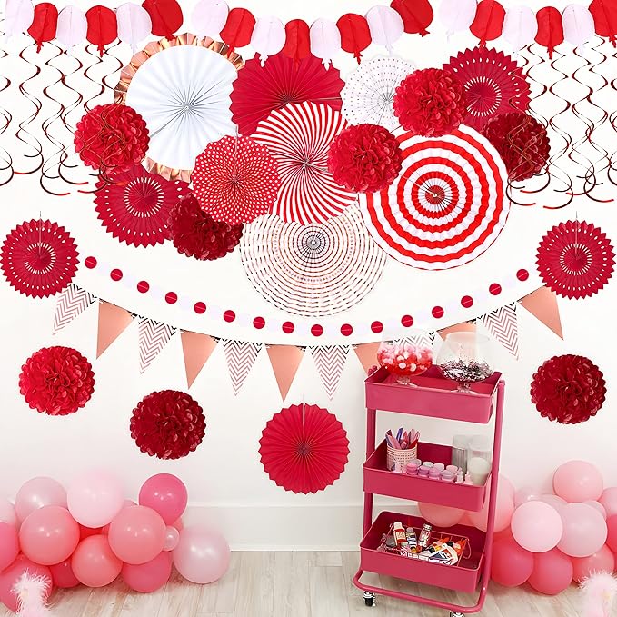 Moon Boat 35PCS Party Decorations Paper Fan Hanging Set - Birthday,Wedding,Baby Shower,Circus,Festival Decor (Red)