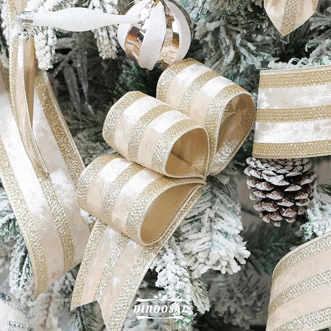 Champagne Velvet Wired Ribbon with Glitter Stripe 2.5 Inch Crushed Velvet Christmas Ribbon, 10 Yards for Gift Wrapping, Crafts, Christmas Tree Decorations, Wreaths, Garlands