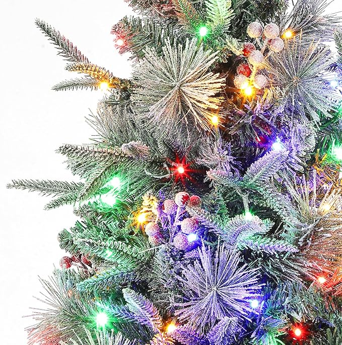 GarveeHome 4.5ft Prelit Christmas Trees with 150 Two-Color Lights & 20 Clusters Red Berry, Artificial Potted Xmas Tree with 8 Light-Modes, Elk Base, Holiday Decor, 1 PCS