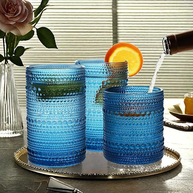 Vintage Hobnail Driinking Glasses Set, Glassware Drinking Set of 8, 12 oz Highball Glasses & 10 oz Cocktail Glasses, Tumbler Glasses for Cocktails, Whiskey, Juice, Milk