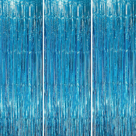 3 Pack 3.3 x 8.2 ft Retro Blue Foil Fringe Backdrop Curtains, Tinsel Streamers Party Decorations, Fringe Backdrop, Door Shimmer for Retro Theme Party
