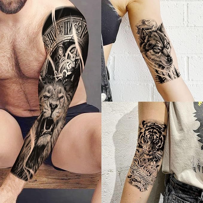 20 Sheets Cool Lion Full Arm Temporary Tattoos For Men Adults Thigh, Wolf Tiger Warrior Maori Totem Fake Sleeve Tattoos For Women, 3D Bulk Black Tribal Clock Halloween Tattoo Stickers