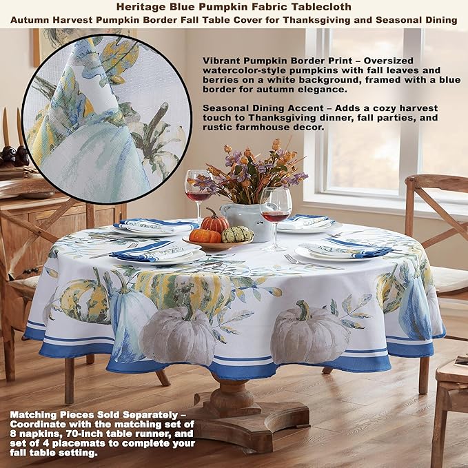 Home Bargains Plus Thanksgiving Contemporary Blue Pumpkin Tablecloth, 60 x 84 Inch Oval, Fall Harvest Easy Care Fabric Table Cover