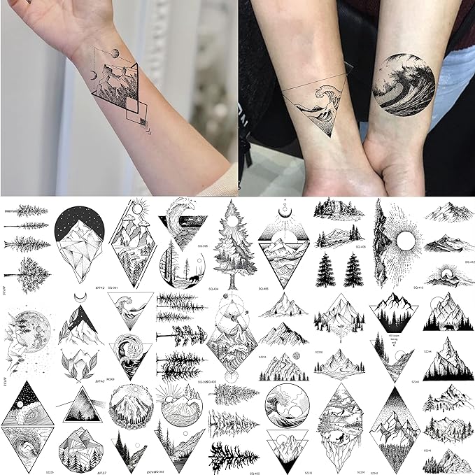 52 Sheets Small Black Mountain Temporary Tattoos For Men Women Adult, Geometric Sea Weave Forest Pine Tree Realistic Tattoo Sticker For Kids Children, Moon Sun Star Triangle Tatoos Outer Space