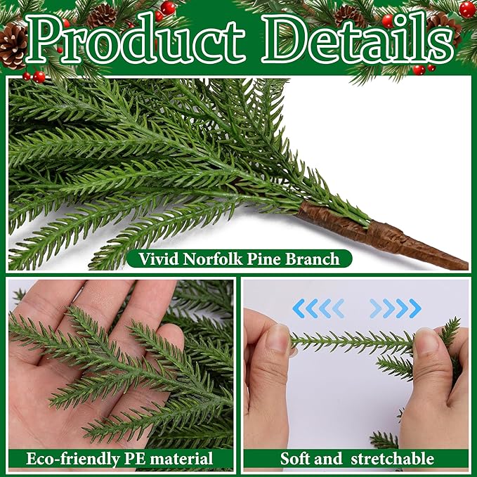 15 Pcs Christmas Norfolk Pine Branches, 19" Extra Length Fake Greenery Norfolk Pine Stems Sprigs, Artificial Xmas Branches Plants Pines Needles for DIY Craft Garland Home Garden Decor