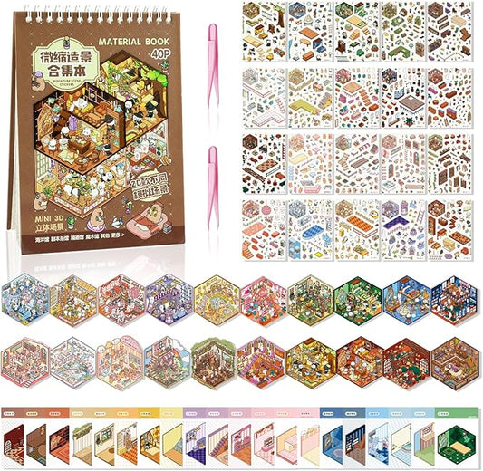 20 Sets 3D Sticker Scene Book, Fun Cute Cartoon Sticker Room Scene Book, 3D House Scene Stickers Therapy for Adults, Relief Stress Pass The Time, Crafting Crafts and Nice Gifts