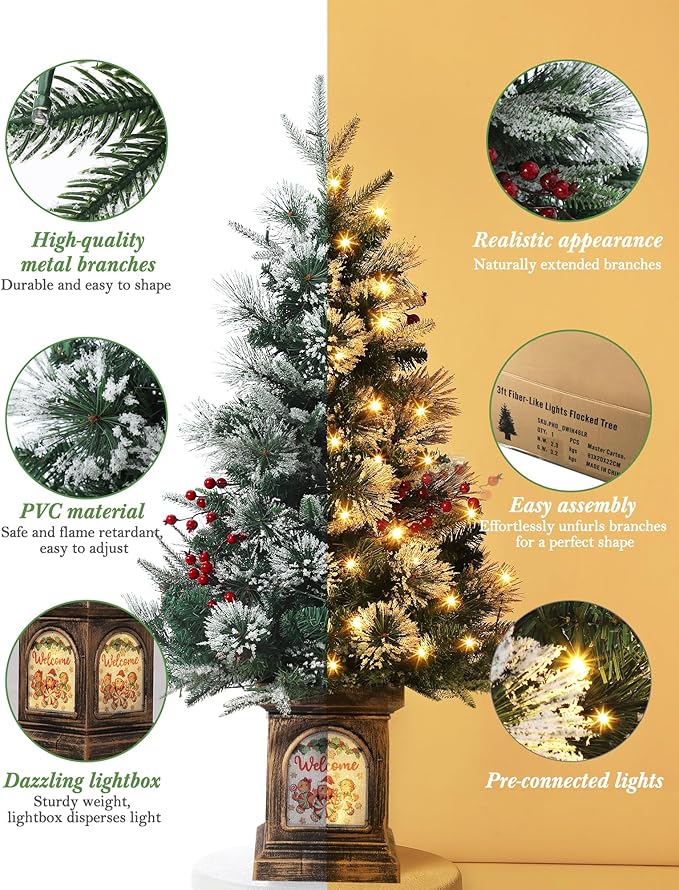 3 ft Prelit Premium Snow Flocked Artificial Christmas Tree with 8 Mode Warm White Led, Mini Prelit Xmas Pine Tree for Christmas Decoration,Yard,Home,Office,Outdoor,Indoor, Gingerman Rusty Base 2 Pack