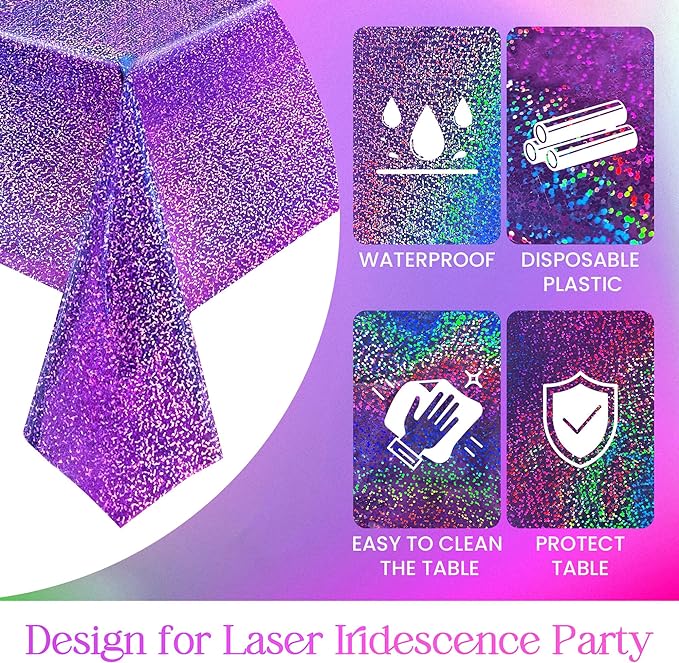 4 pcs Purple Holographic Laser Tablecloths Iridescence Shiny Table Covers 40" x 108" Foil Disposable Rectangle Table cloths for Halloween Bachelorette Birthday Party Wedding Anniversary Decor