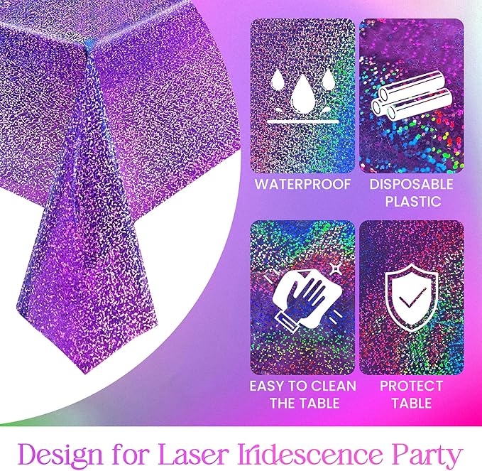 3 pcs Purple Holographic Laser Tablecloths Iridescence Shiny Table Covers 40" x 108" Foil Disposable Rectangle Table cloths for Halloween Bachelorette Birthday Party Wedding Anniversary Decor