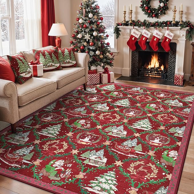Christmas Area Rug 8x10 for Living Room, Washable Rug for Bedroom, Christmas Home Decor, Holiday Print Carpet, Low Pile Non Slip Mat with Rubber Backing, Crimson Christmas Tale Pattern