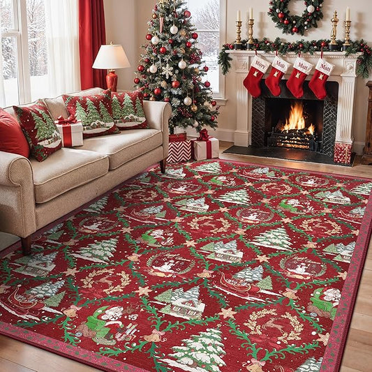 Christmas Area Rug 8x10 for Living Room, Washable Rug for Bedroom, Christmas Home Decor, Holiday Print Carpet, Low Pile Non Slip Mat with Rubber Backing, Crimson Christmas Tale Pattern