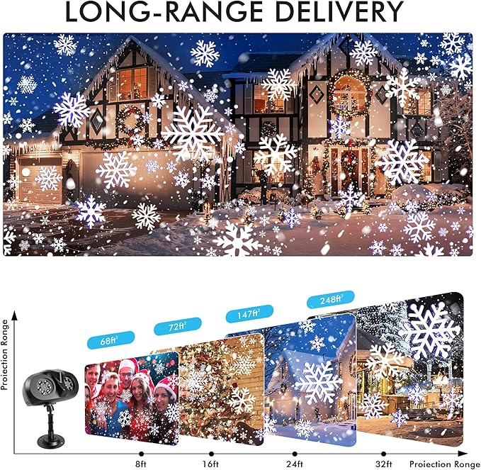Christmas Projector Lights Outdoor, Snowflake Projector with Remote Control, IP65 Waterproof LED Snowflake Projection Lights for Christmas Decorations Garden Holiday Parties New Year