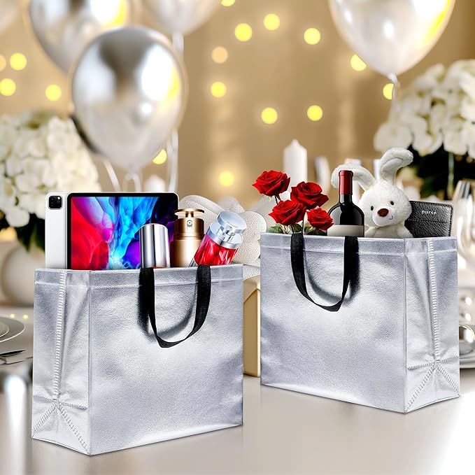 KeerxunBag 12Pcs Reusable Gift Bags（Includes Tissue Paper） Gift bag with handle Birthdays Parties Holidays Weddings Medium 13x5x11in Silver Gift Bags