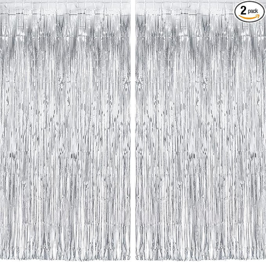 Silver Streamers Metallic Party Backdrop - GREATRIL Foil Fringe Tinsel Curtain for 2026 NYE/Birthdays/Prom/New Years/Graduations/Photo Booth, 8.2ft x 3.2ft - Pack of 2