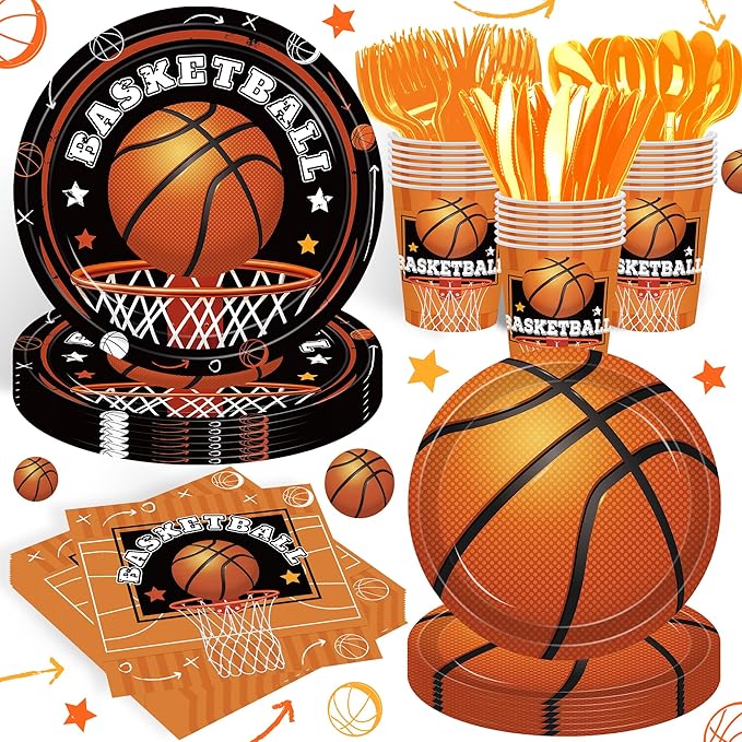 140pcs Basketball Birthday Party Supplies Basketball Sports Theme Birthday Party Supplies Tableware Set, Include Basketball Plates and Napkins Set for Boy Basketball Party Decorations Serves 20