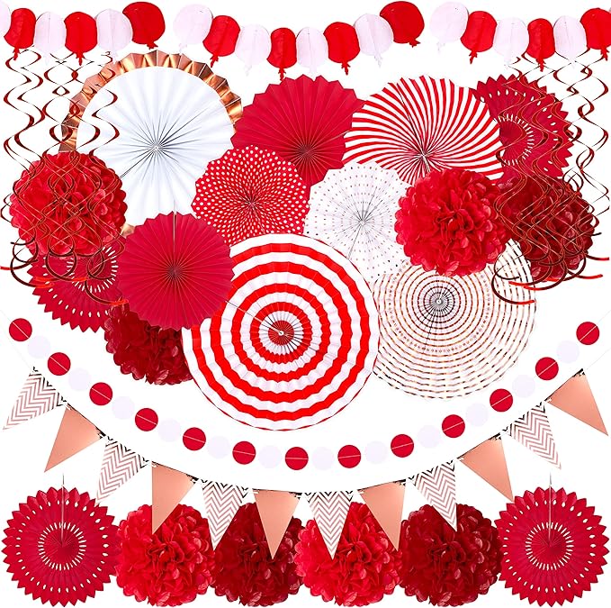 Moon Boat 35PCS Party Decorations Paper Fan Hanging Set - Birthday,Wedding,Baby Shower,Circus,Festival Decor (Red)