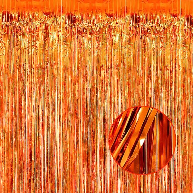 4 Pack Orange Foil Fringe Curtain Backdrop, 3.28Ftx8.2Ft Metallic Tinsel Foil Fringe Streamers Curtains for Party, Photo Booth Props, Birthday, 2022 Mother's Day Decoration Supplies