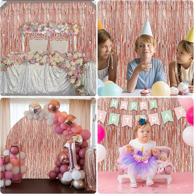 Crosize 5 Pack 3.3 x 9.9 ft Rose Gold Foil Fringe Curtains Party Decorations, Rose Gold Tinsel Curtain Backdrop for Parties, Door Streamers, Glitter Streamer Backdrop for Birthday Decoration