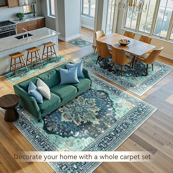 Area Rugs 2'x6' Washable Non-Slip, Floral Vintage Distress Print Pattern Medallion Carpet for Living Room Bedroom Dining Room, Teal Green Lake Blue Turquoise