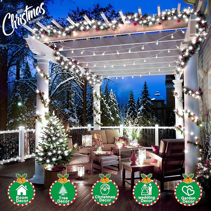 SAUIRS 60FT 160 LED Christmas Lights Outdoor String Lights with 8 Modes Timer Waterproof Fairy Light Plug in for Outside Indoor Party Xmas Palm Tree Yard Wedding Decorations(Cool White)