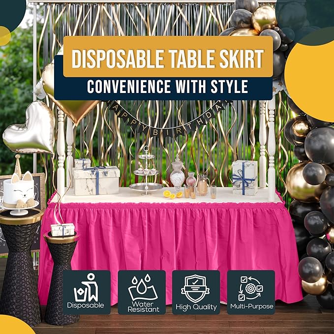 Exquisite Ruffle Table Skirt Cerise 6 Pack 14 Ft Long for Rectangle 6ft Plus or Round Tables With Adhesive Strip for Gender Reveal Decor & Happy Birthday Parties
