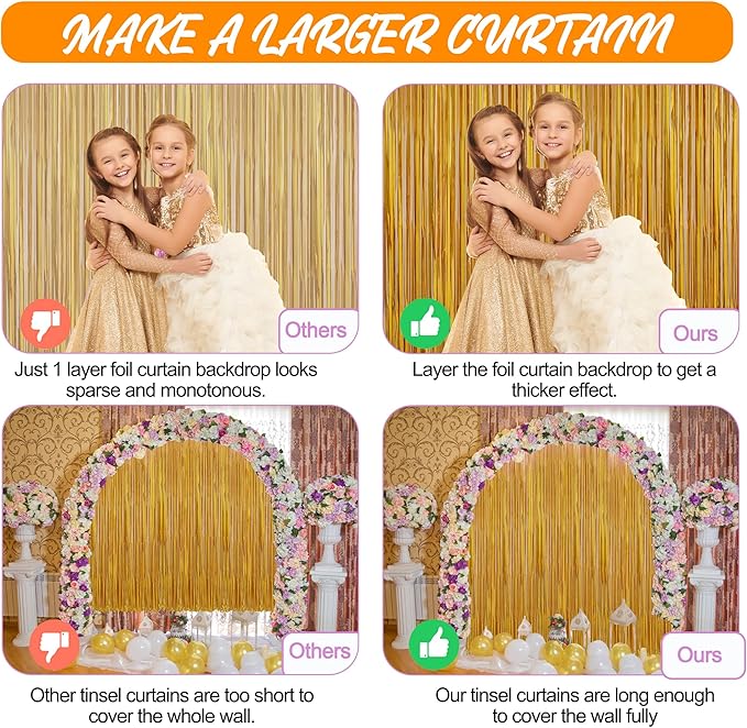 Crosize 3 Pack 3.3 x 9.9 ft Gold Foil Fringe Glitter Curtains Party Decorations, Tinsel Backdrop for Parties, Door Streamers for Birthday, Photo Booth Backdrops, Party Decor