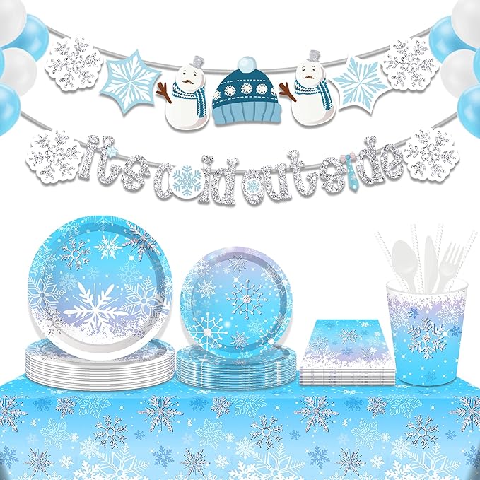 Snowflake Party Decorations,Winter,Christmas Include Blue Snow Party Plates, Dessert Plates,cups, Napkins (88pcs )