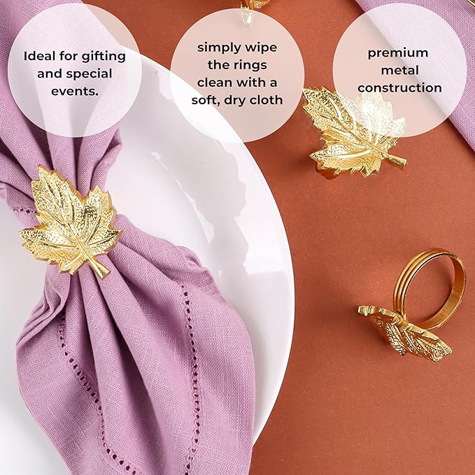 Set of 12 Maple Leaf Napkin Rings - Handcrafted Aluminum Napkin Holders for Cloth & Paper Napkins, Elegant Table Décor for Weddings, Thanksgiving, Christmas & Holiday Parties (Gold) - CLEENTABLE
