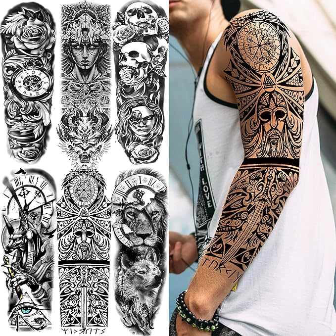 COKTAK 21 Sheets Extra Large Black Temporary Tattoos For Women Adults Greek Myth With 8 Sheets Full Arm Sleeve For Men Maori Warrior Compass and 13 Sheets Fake Large 3D Tatoo Stickers
