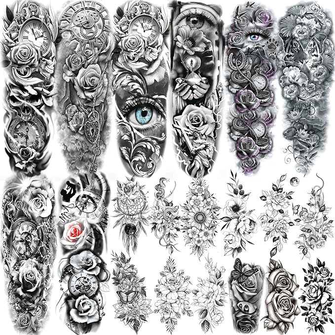 20 Sheets Sexy Rose Flower Full Arm Temporary Tattoos For Women Adults Thigh, Black Tribal Eye Gear Peony Florals Eye Compass Clock Fake Sleeve Tattoos For Women, 3D Halloween Tattoo Stickers