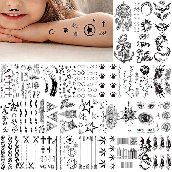 66 Sheets 3D Small Black Temporary Tattoos For Women Men Waterproof Fake Tattoo Stickers For Face Neck Arm Children Flower Birds Star Realistic Tatoo Kits For Boy Girls Adults