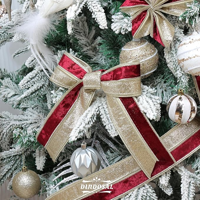 Burgundy Velvet Wired Christmas Ribbon 2.5 Inch Maroon and Gold Ribbon – 10-Yards Roll for Tree Decorations, Gift Wrapping, Wreaths, and DIY Crafts