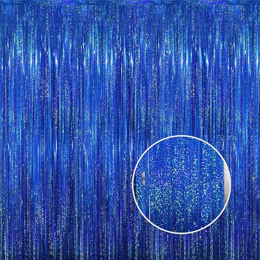 GOER 3.2 ft x 8.2 ft Metallic Tinsel Foil Fringe Curtains Party Photo Backdrop Party Streamers for Birthday,Graduation,New Year Eve Decorations Wedding Decor(4 Packs,Shiny Blue)