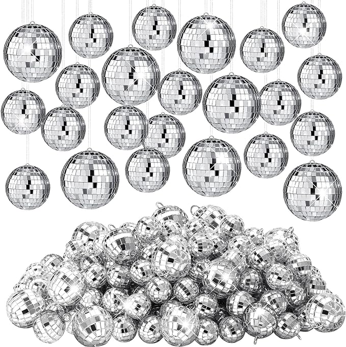Funtery 100 Pcs Mirror Disco Balls Bulk Assorted Silver Hanging Disco Ball Decor for Home Wedding Birthday Dance Music 70 S Theme Party Christmas Tree Ornaments(1.2'', 2'')