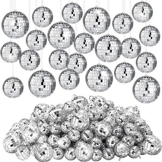 Funtery 100 Pcs Mirror Disco Balls Bulk Assorted Silver Hanging Disco Ball Decor for Home Wedding Birthday Dance Music 70 S Theme Party Christmas Tree Ornaments(1.2'', 2'')