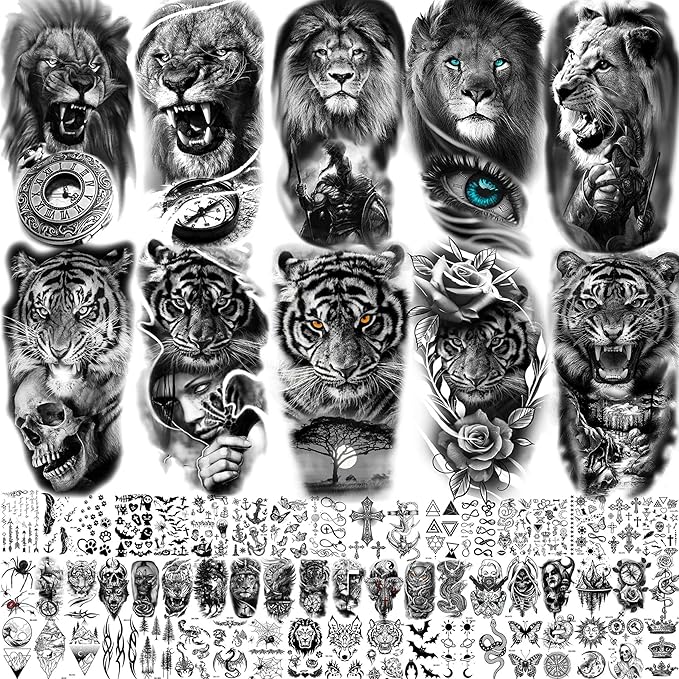 67 Sheets 3D Black Tribal Realistic Lion Temporary Tattoos for Men Women Adults, Bulk Tiger Wolf Warrior Gladiator Temp Skull Skeleton Halloween Fake Half Arm Sleeve Tattoos Stickers Legs Kit Sets